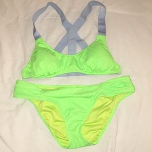 Neon green and baby blue strappy bikini set